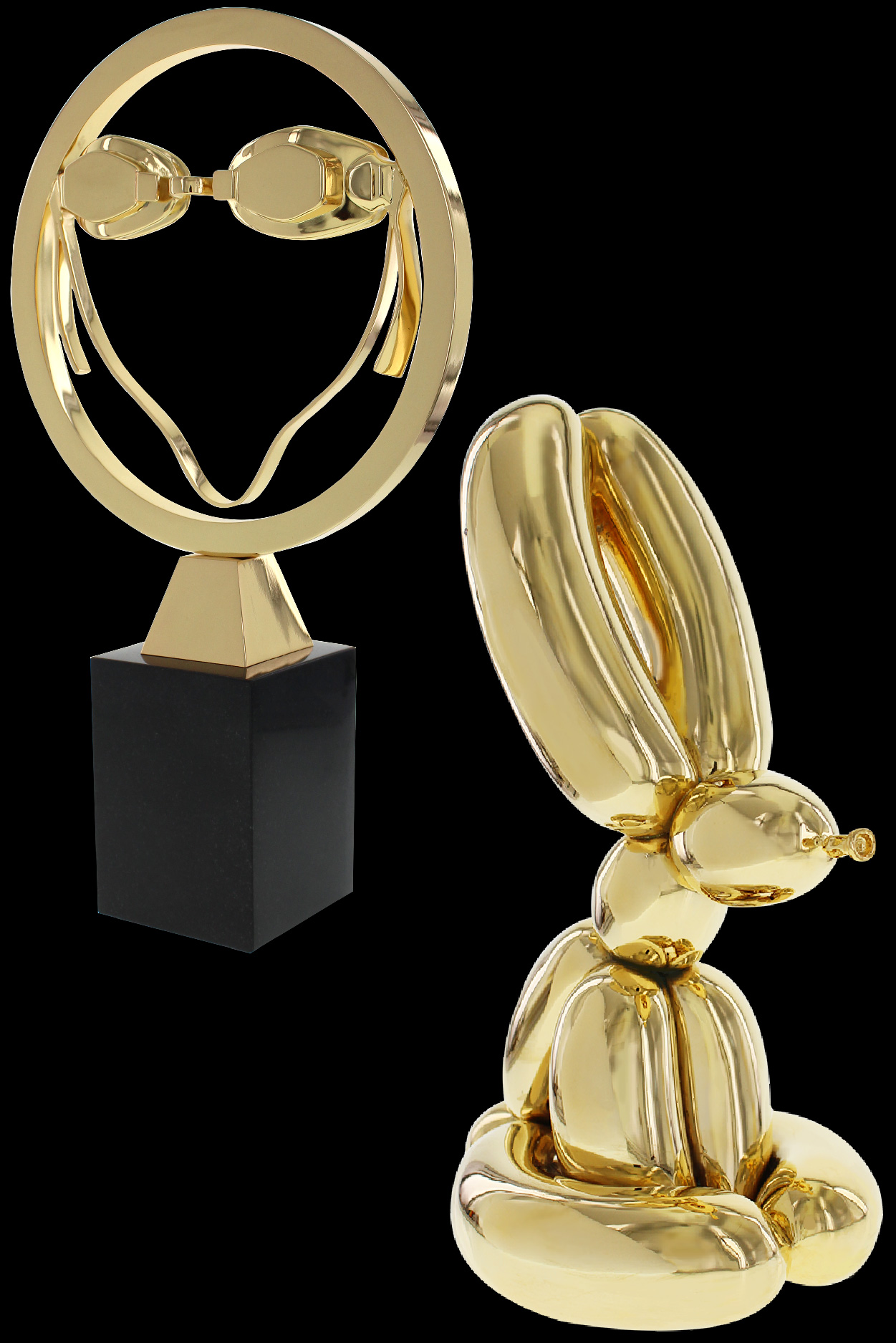 Custom trophy swimming goggles and Balloon Rabbit sculpture trophy by Jeff Koons made for AFTA, both plated in 24k gold